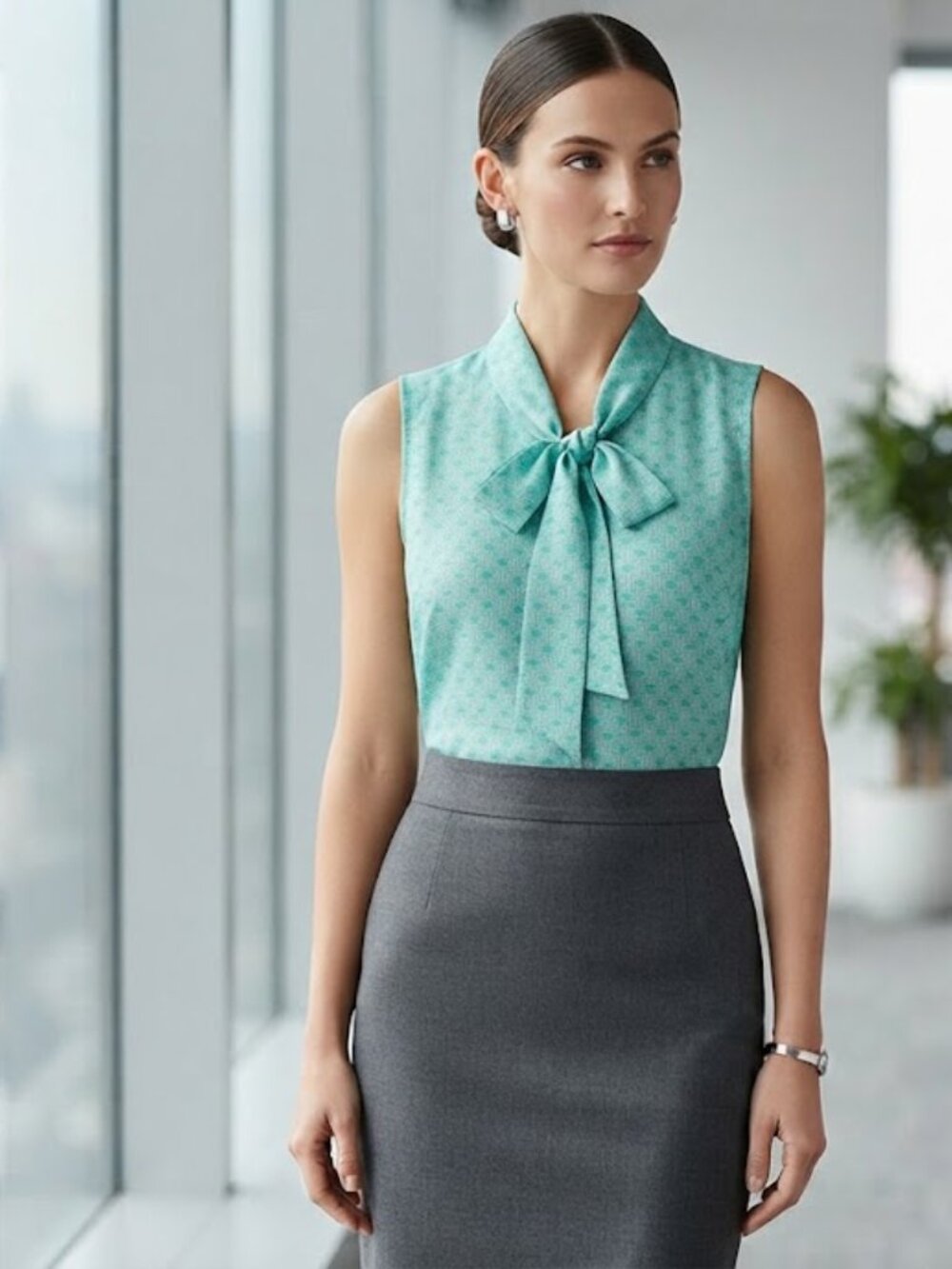 Petite S Banana Republic Aqua Geometric Sleeveless Tie-Front Blouse